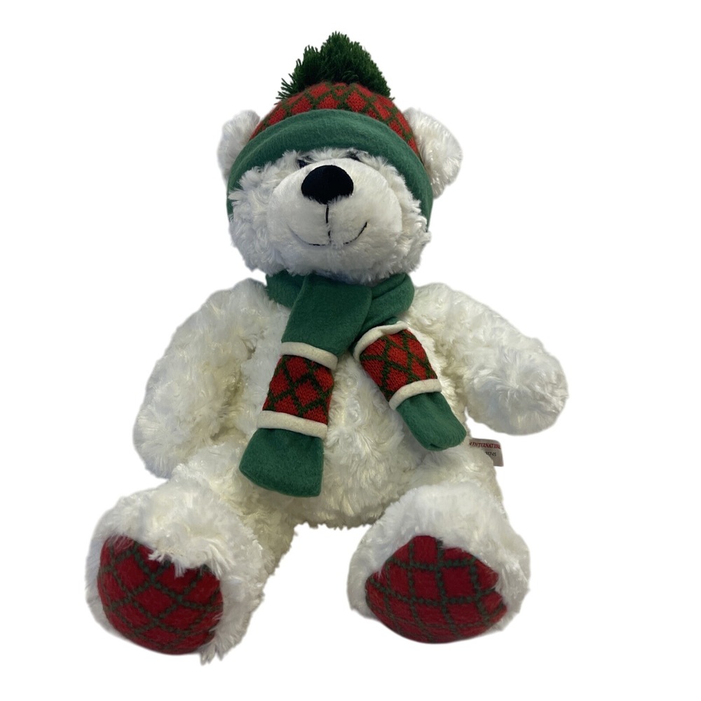 Hug fun Plush White Teddy Bear Winter Red Green Hat Scarf 18" Christmas‎